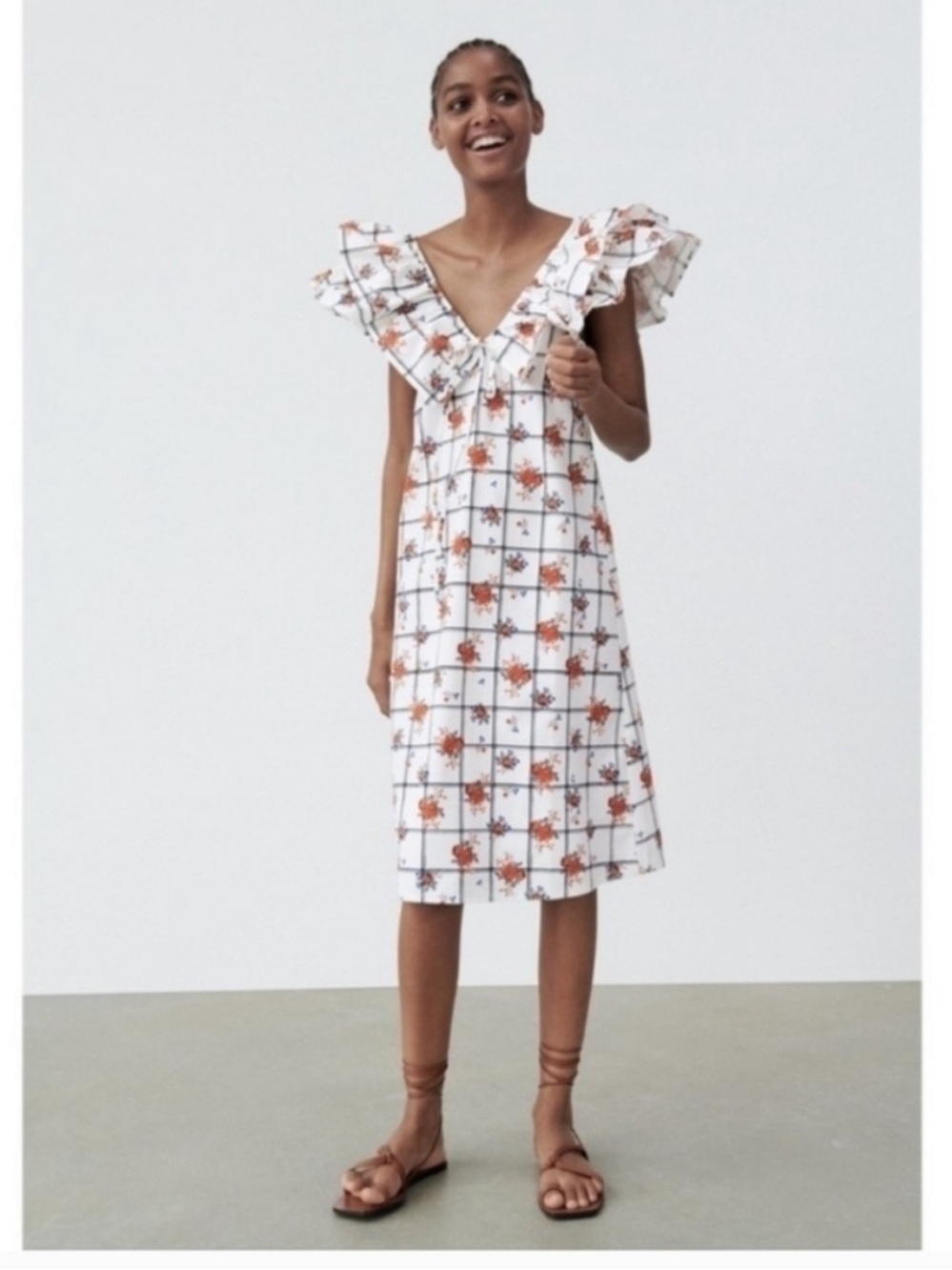 Zara White Floral Grid Ruffle Sleeve Midi Dress Large - Picture 6 of 12